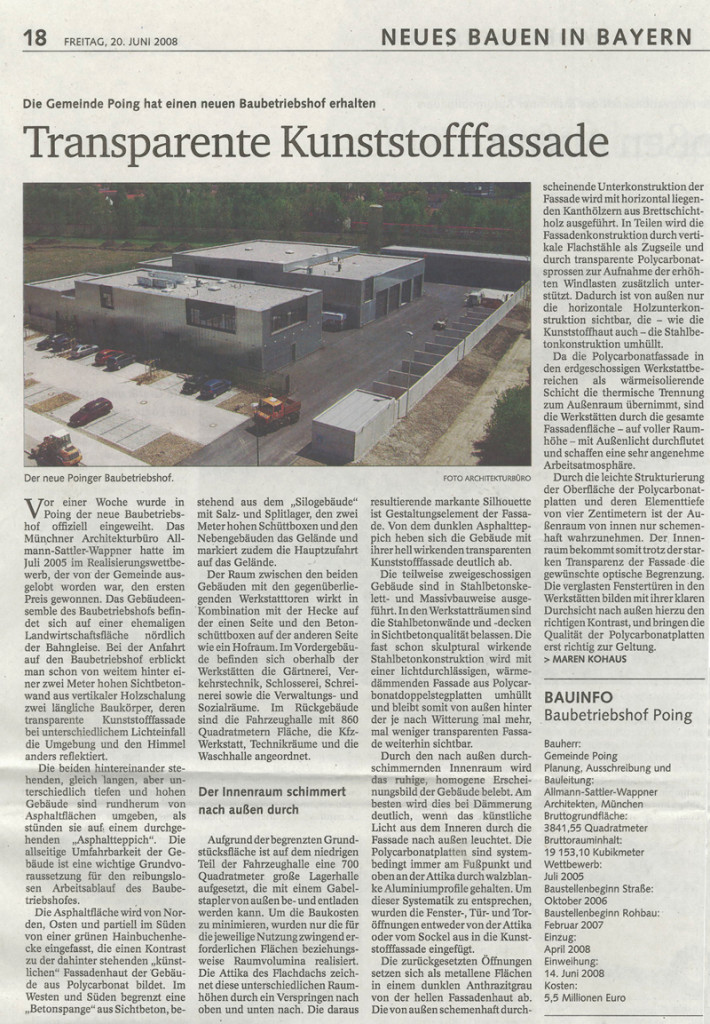 Bericht im Staatsanzeiger über die Einweihung des Baubetriebshof der Gemeinde Poing, Juni 2008