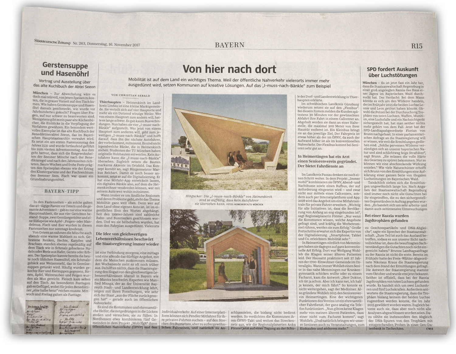 Fehlende Mobilität im ländlichen Raum - weiterhin ein großes Thema, das es zu lösen gilt. Ausschnitt Süddeutsche Zeitung, 16.11.2017
